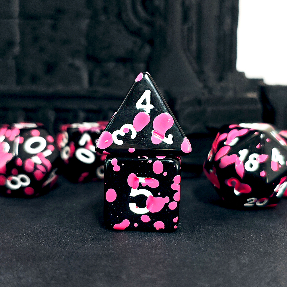 Polyhedral Pink Splatter Acryl - Dice Set Polyhedral ulasan dan harga